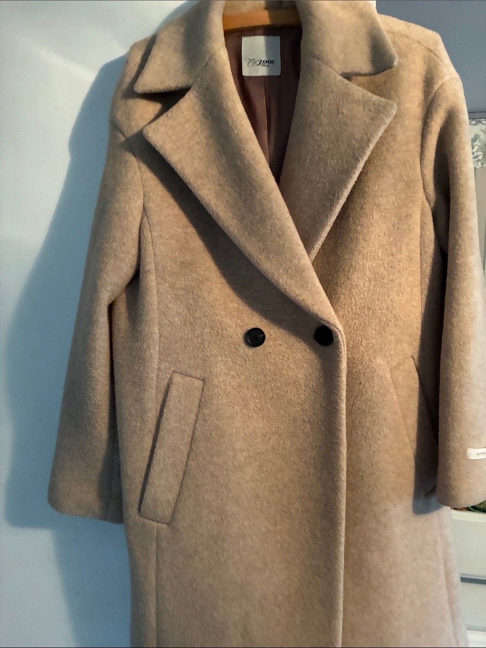Tezooc Wool Blend Double-Breasted Coat - Beige Blended Angora Size S